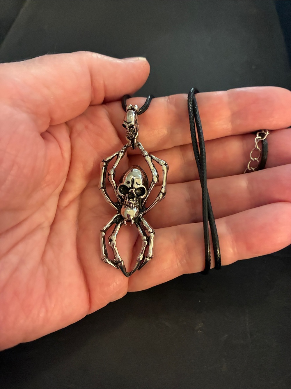 Silver Spider Skeleton Pendant Necklace With A Black Cord